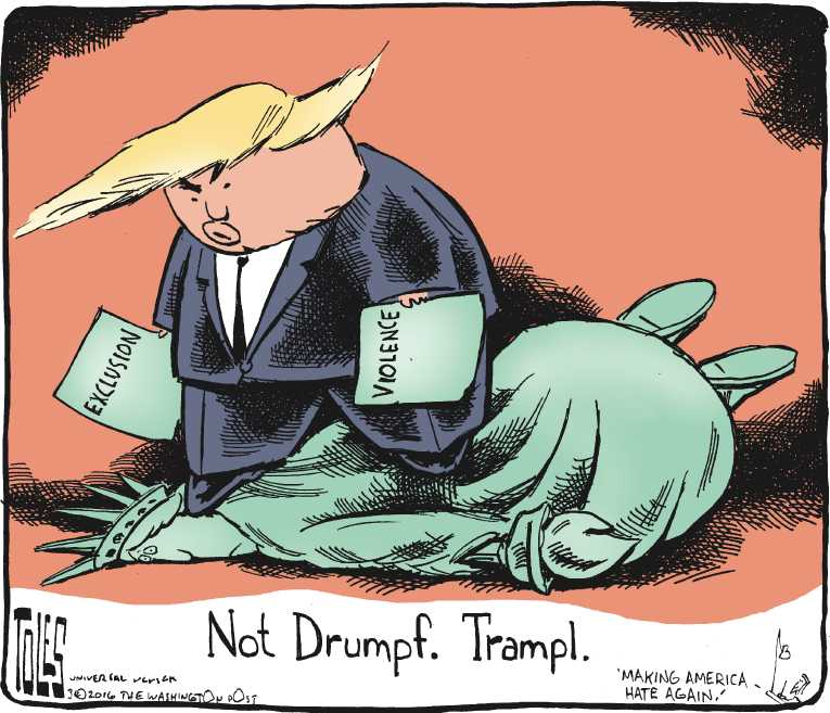 Political/Editorial Cartoon by Tom Toles, Washington Post on Violence Erupts at Trump Rallies