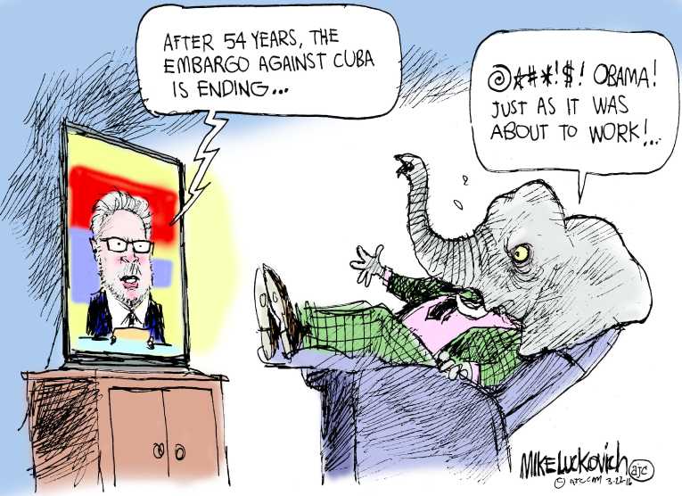 Political/Editorial Cartoon by Mike Luckovich, Atlanta Journal-Constitution on Obama Visits Cuba