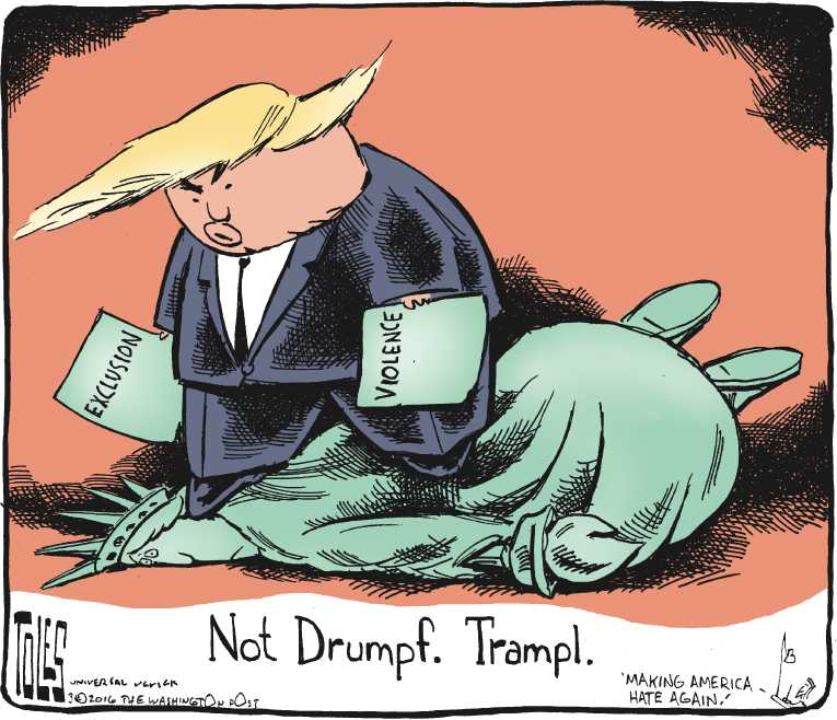 Political/Editorial Cartoon by Tom Toles, Washington Post on Trump, Cruz Respond to Attacks