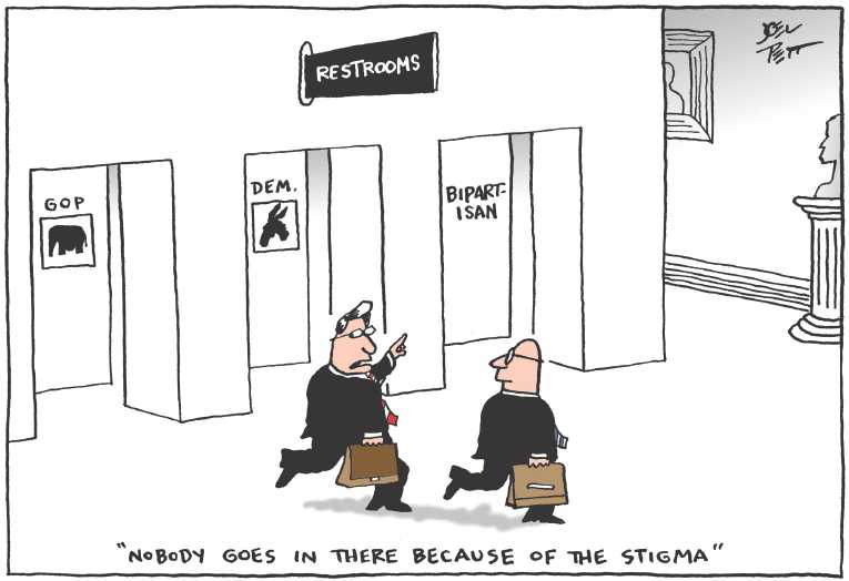 Political/Editorial Cartoon by Joel Pett, Lexington Herald-Leader, CWS/CartoonArts Intl. on Bathroom Battles Escalate