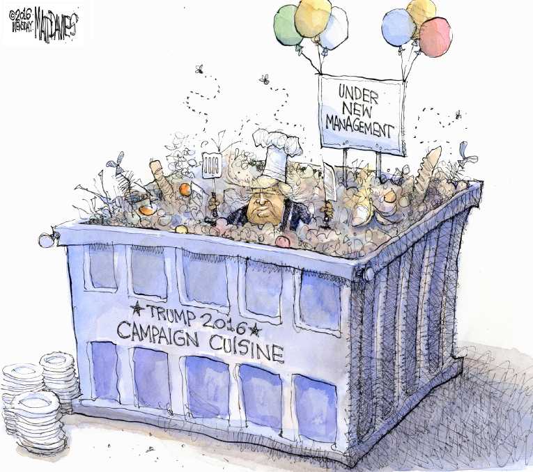 Political/Editorial Cartoon by Matt Davies, Journal News on Trump Revamps Campaign