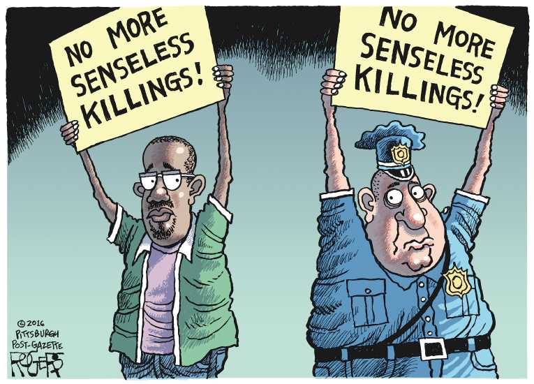 Political/Editorial Cartoon by Rob Rogers, The Pittsburgh Post-Gazette on Shootings Stun Nation