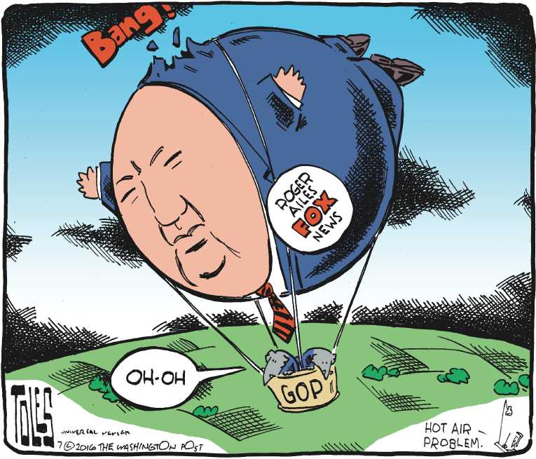Political/Editorial Cartoon by Tom Toles, Washington Post on Roger Ailes Leaves Fox News