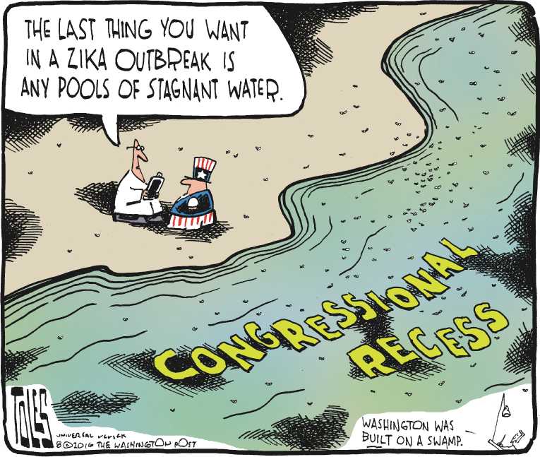 Political/Editorial Cartoon by Tom Toles, Washington Post on Zika Reaches US