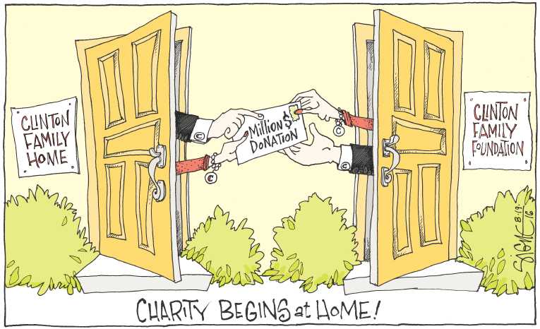Political/Editorial Cartoon by Signe Wilkinson, Philadelphia Daily News on Clinton Foundation Under Fire