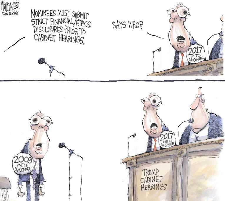 Political/Editorial Cartoon by Matt Davies, Journal News on Cabinet Picks Face Tough Hearings