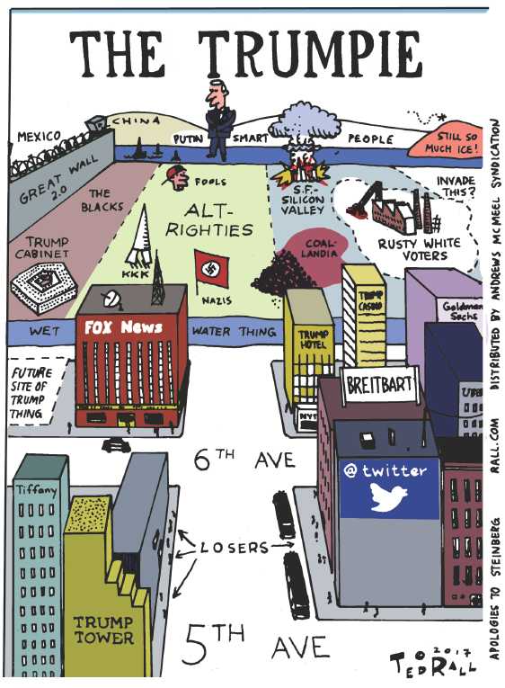 Political/Editorial Cartoon by Ted Rall on Trump Leaping Into Action