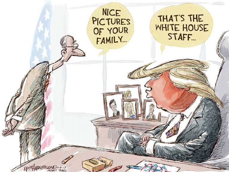Political/Editorial Cartoon by Nick Anderson, Houston Chronicle on Trump Leaping Into Action