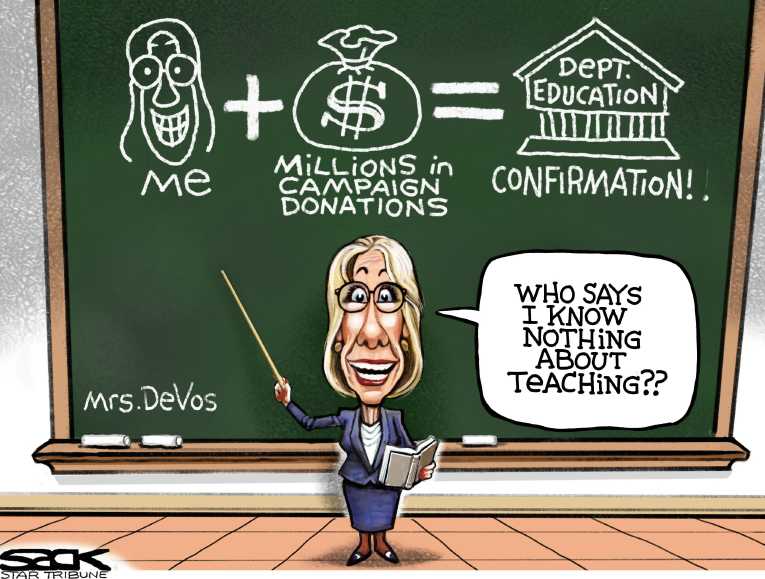 Political/Editorial Cartoon by Steve Sack, Minneapolis Star Tribune on Betsy DeVos Confirmed