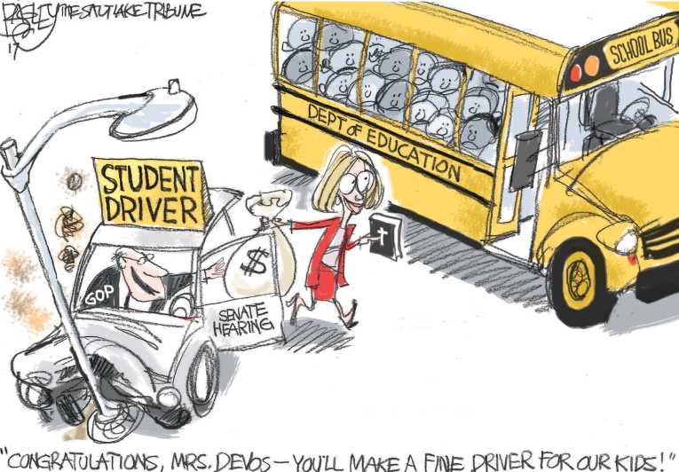 Political/Editorial Cartoon by Pat Bagley, Salt Lake Tribune on Betsy DeVos Confirmed