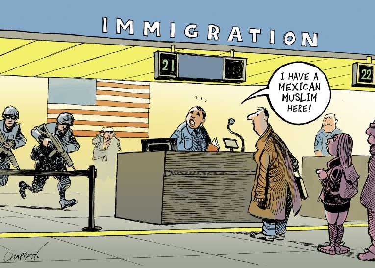 Political/Editorial Cartoon by Patrick Chappatte, International Herald Tribune on Travel Ban Order Stayed