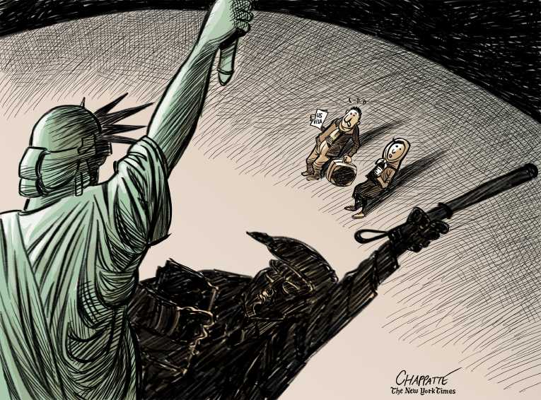 Political/Editorial Cartoon by Patrick Chappatte, International Herald Tribune on Travel Ban Order Stayed