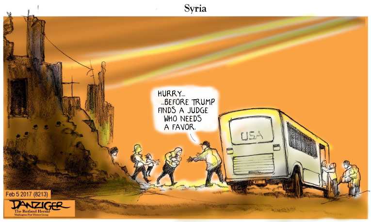 Political/Editorial Cartoon by Jeff Danziger on Travel Ban Order Stayed