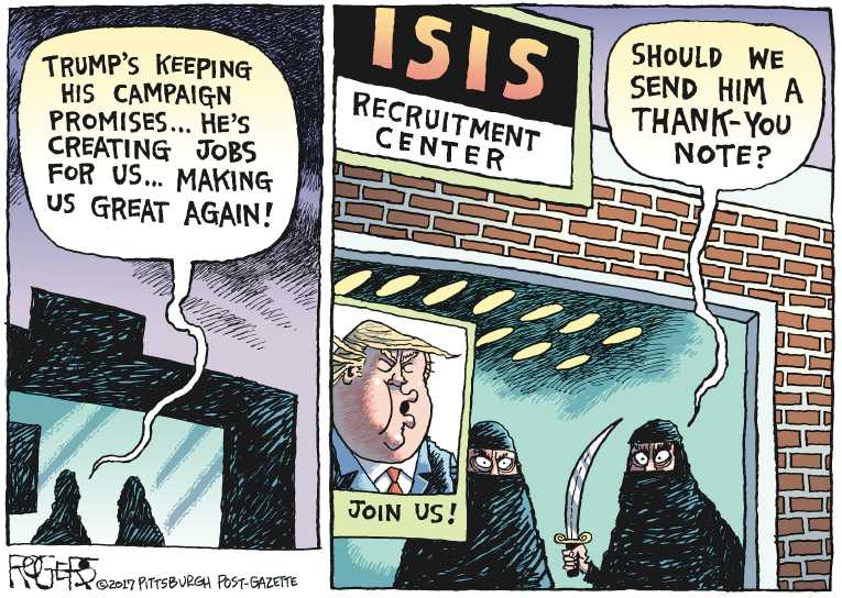 Political/Editorial Cartoon by Rob Rogers, The Pittsburgh Post-Gazette on Travel Ban Order Stayed