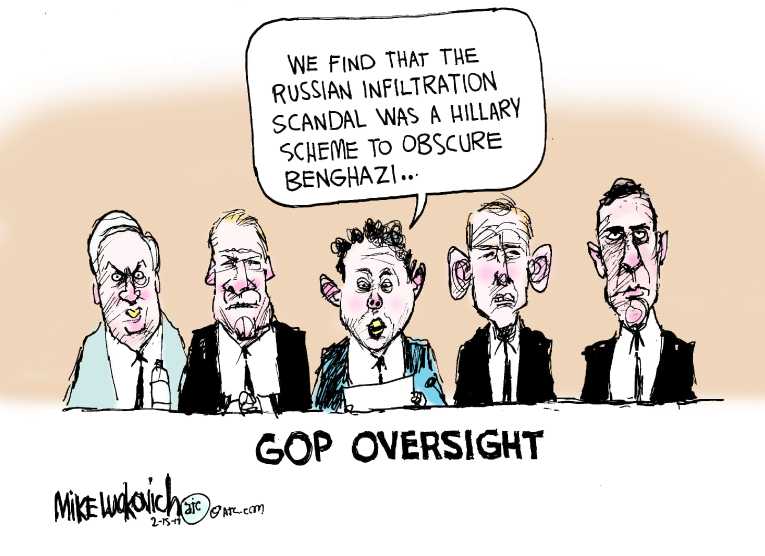 Political/Editorial Cartoon by Mike Luckovich, Atlanta Journal-Constitution on GOP Standing Behind Trump
