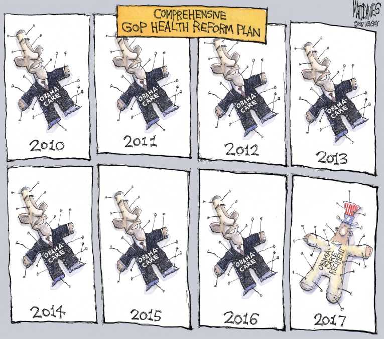 Political/Editorial Cartoon by Matt Davies, Journal News on Health Plan Details Revealed