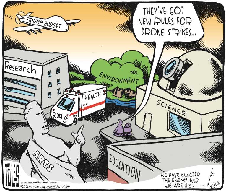 Political/Editorial Cartoon by Tom Toles, Washington Post on Trump Unveils Budget