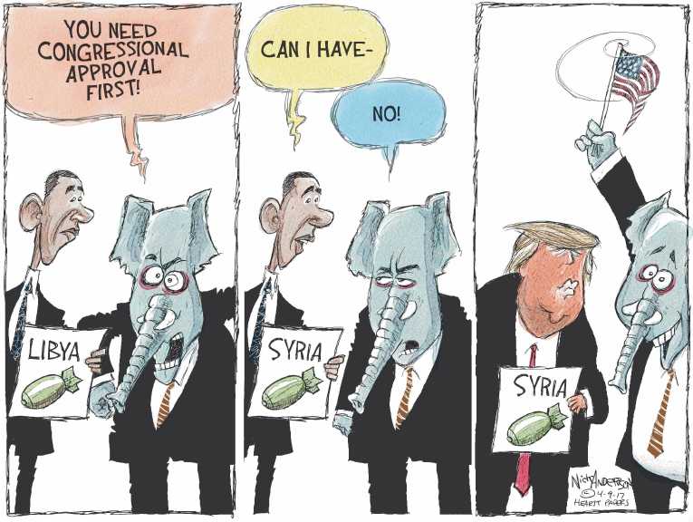 Political/Editorial Cartoon by Nick Anderson, Houston Chronicle on Trump Bombs Syria
