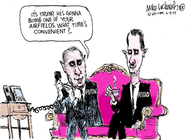Political/Editorial Cartoon by Mike Luckovich, Atlanta Journal-Constitution on Trump Bombs Syria