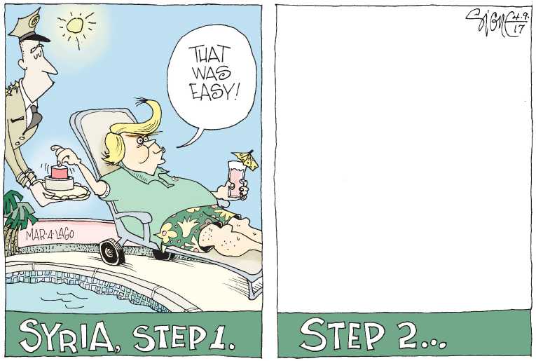 Political/Editorial Cartoon by Signe Wilkinson, Philadelphia Daily News on Trump Bombs Syria
