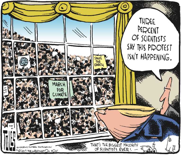 Political/Editorial Cartoon by Tom Toles, Washington Post on Science March Impresses Trump