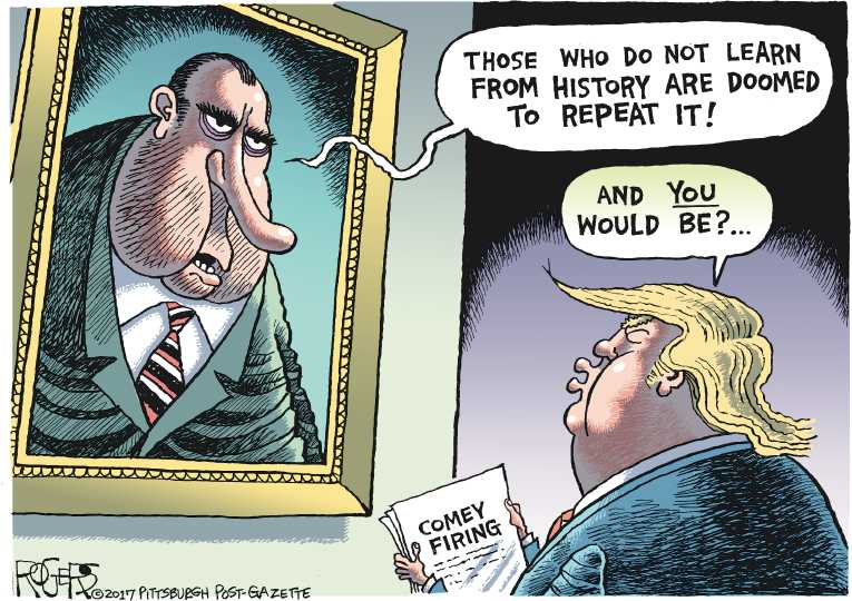 Political/Editorial Cartoon by Rob Rogers, The Pittsburgh Post-Gazette on Trump Fires Comey