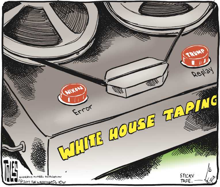 Political/Editorial Cartoon by Tom Toles, Washington Post on Comey Firing Story Revised