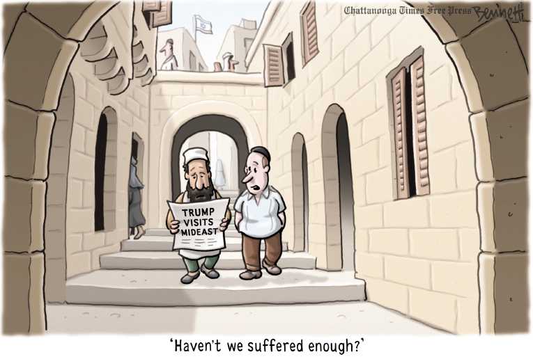 Political/Editorial Cartoon by Clay Bennett, Chattanooga Times Free Press on Trump Leaves Country