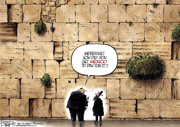 Political/Editorial Cartoon by Nate Beeler, Washington Examiner on Trump Leaves Country