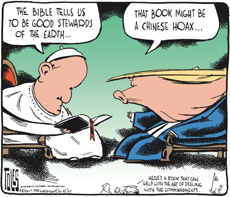 Political/Editorial Cartoon by Tom Toles, Washington Post on Trump Leaves Country