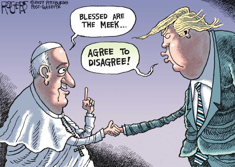 Political/Editorial Cartoon by Rob Rogers, The Pittsburgh Post-Gazette on Trump Returns From Trip