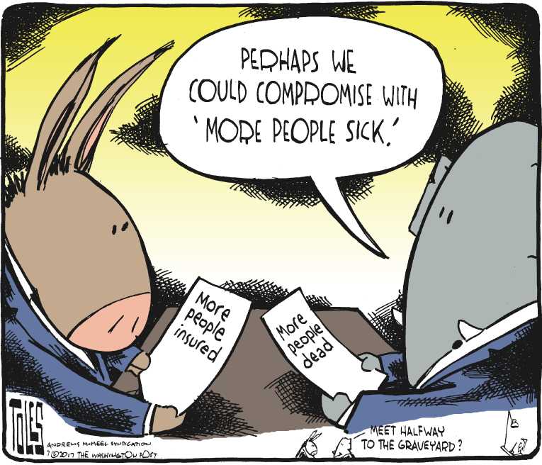 Political/Editorial Cartoon by Tom Toles, Washington Post on Senate Health Bill Shelved