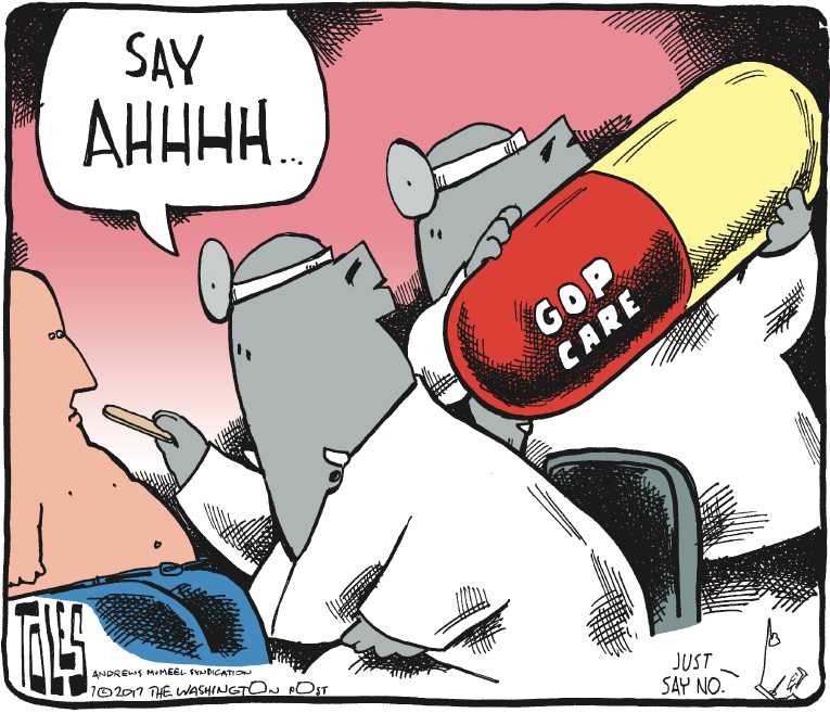 Political/Editorial Cartoon by Tom Toles, Washington Post on Senate Health Bill Collapses