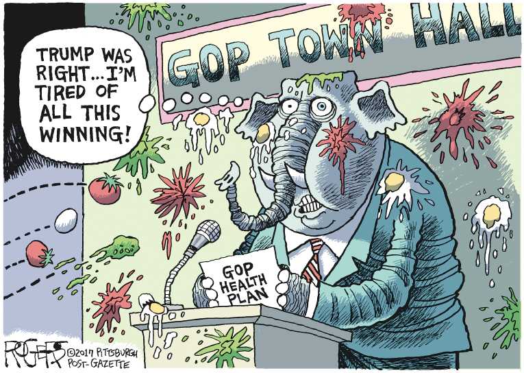 Political/Editorial Cartoon by Rob Rogers, The Pittsburgh Post-Gazette on Trump Delivering on Promises