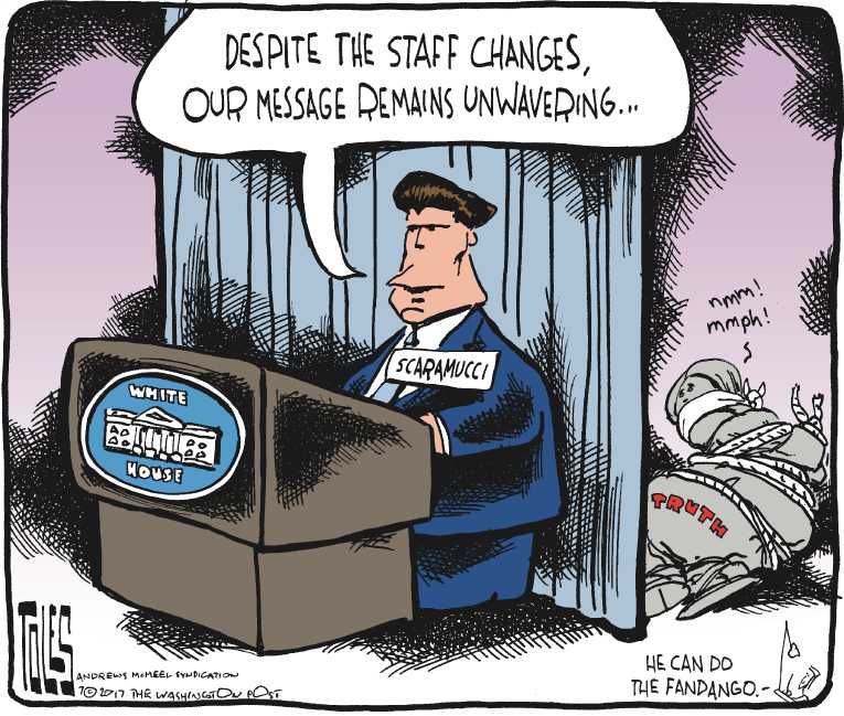 Political/Editorial Cartoon by Tom Toles, Washington Post on Sean Spicer Resigns