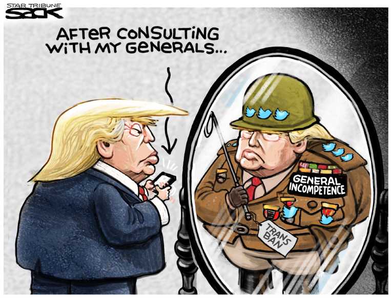 Political/Editorial Cartoon by Steve Sack, Minneapolis Star Tribune on Trump Tweet Bans Trans GIs