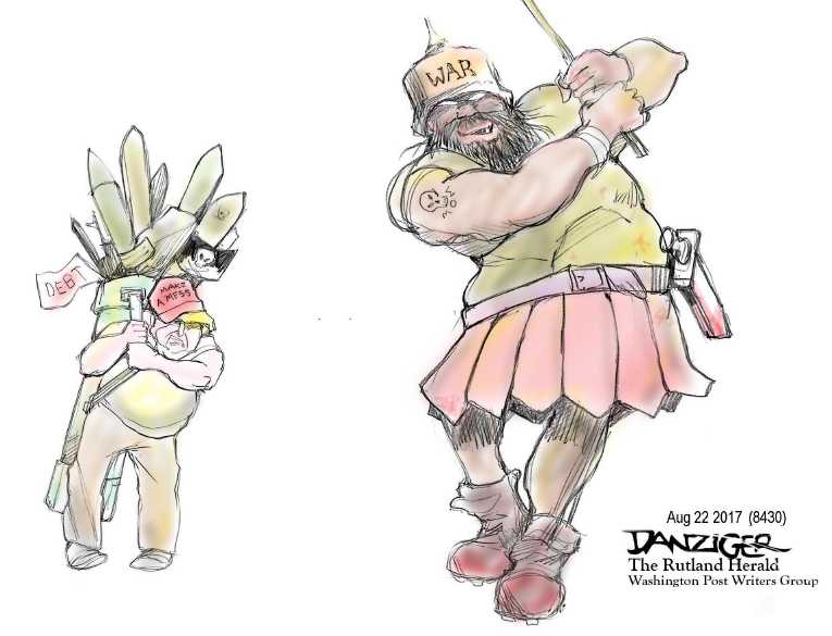Political/Editorial Cartoon by Jeff Danziger on Trump Declares More War