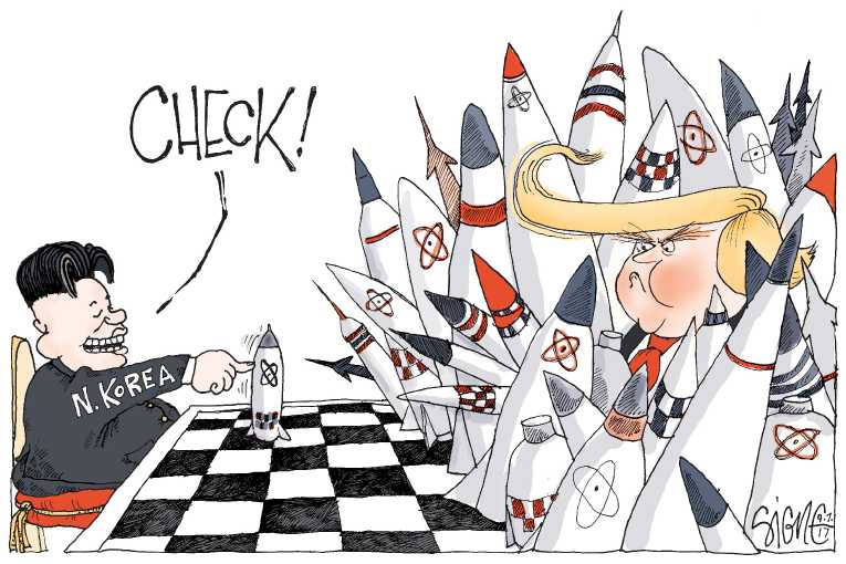 Political/Editorial Cartoon by Signe Wilkinson, Philadelphia Daily News on Trump, Kim Escalate Tensions