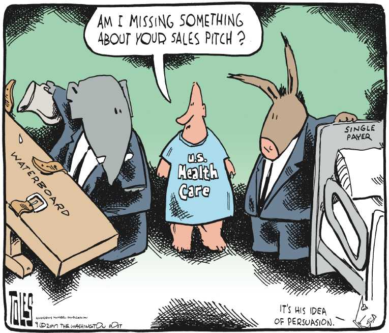 Political/Editorial Cartoon by Tom Toles, Washington Post on Bernie Proposes Medicare for All