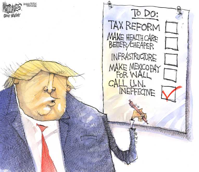 Political/Editorial Cartoon by Matt Davies, Journal News on Trump Lectures United Nations