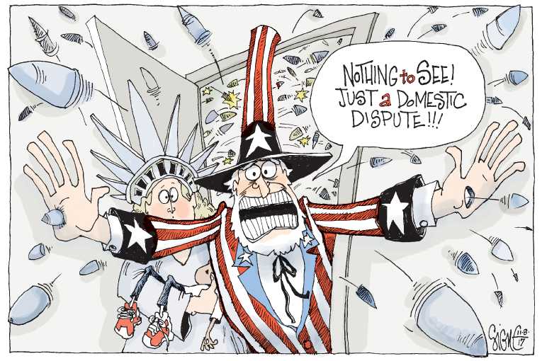 Political/Editorial Cartoon by Signe Wilkinson, Philadelphia Daily News on Another Assault Rifle Massacre