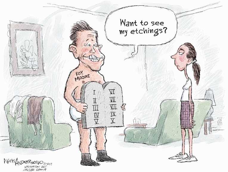 Political/Editorial Cartoon by Nick Anderson, Houston Chronicle on Moore Praises the Lord