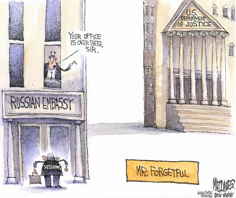 Political/Editorial Cartoon by Matt Davies, Journal News on Sessions Testifies While Stoned