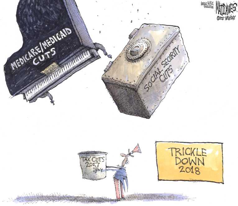 Political/Editorial Cartoon by Matt Davies, Journal News on Entitlement Cuts Celebrated
