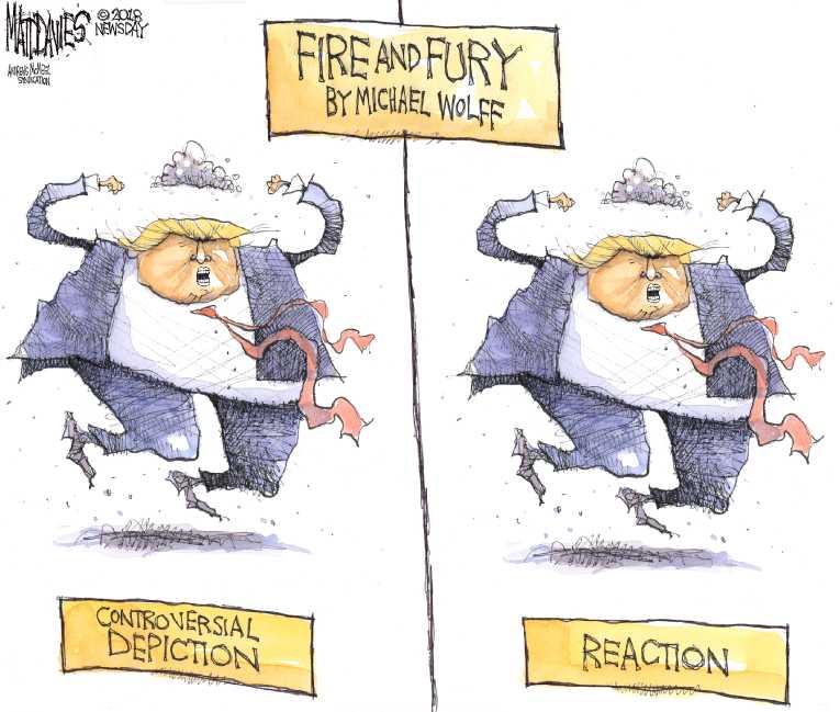 Political/Editorial Cartoon by Matt Davies, Journal News on “Fire and Fury” Enrages Trump