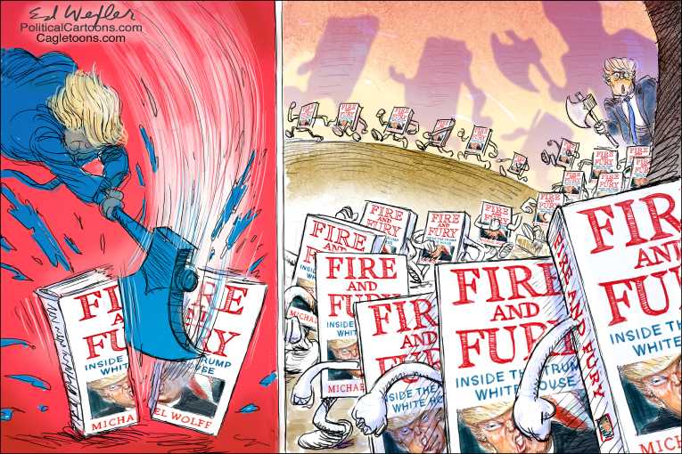 Political/Editorial Cartoon by Ed Wexler, PoliticalCartoons.com on “Fire and Fury” Enrages Trump