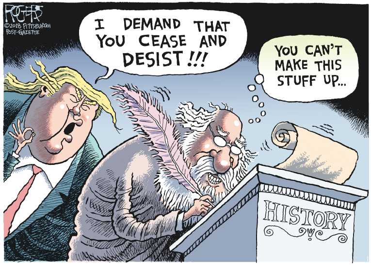 Political/Editorial Cartoon by Rob Rogers, The Pittsburgh Post-Gazette on “Fire and Fury” Enrages Trump