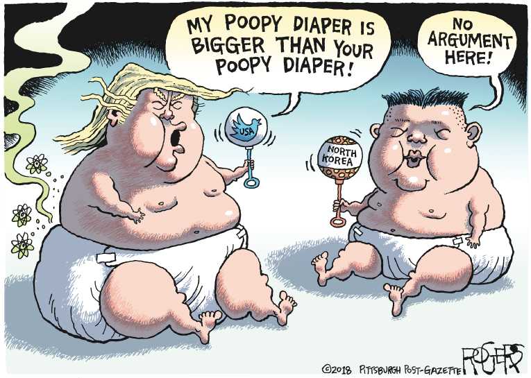 Political/Editorial Cartoon by Rob Rogers, The Pittsburgh Post-Gazette on Trump Boasts of Bigger Button