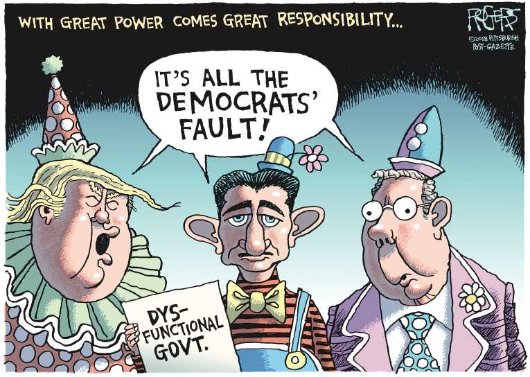 Political/Editorial Cartoon by Rob Rogers, The Pittsburgh Post-Gazette on Government Shuts Down, Reopens