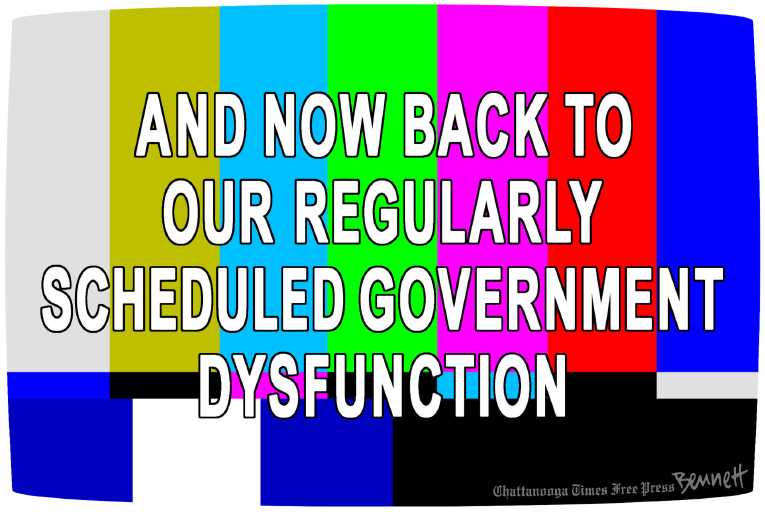 Political/Editorial Cartoon by Clay Bennett, Chattanooga Times Free Press on Government Shuts Down, Reopens